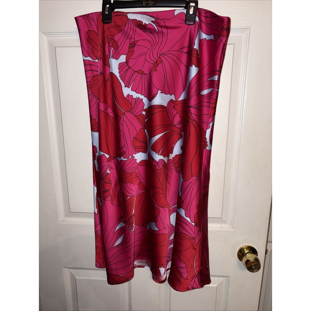 NWT Sigrid Olsen L Slip Midi Skirt Satin Floral Fuschia Pink Aqua Bias Pull On